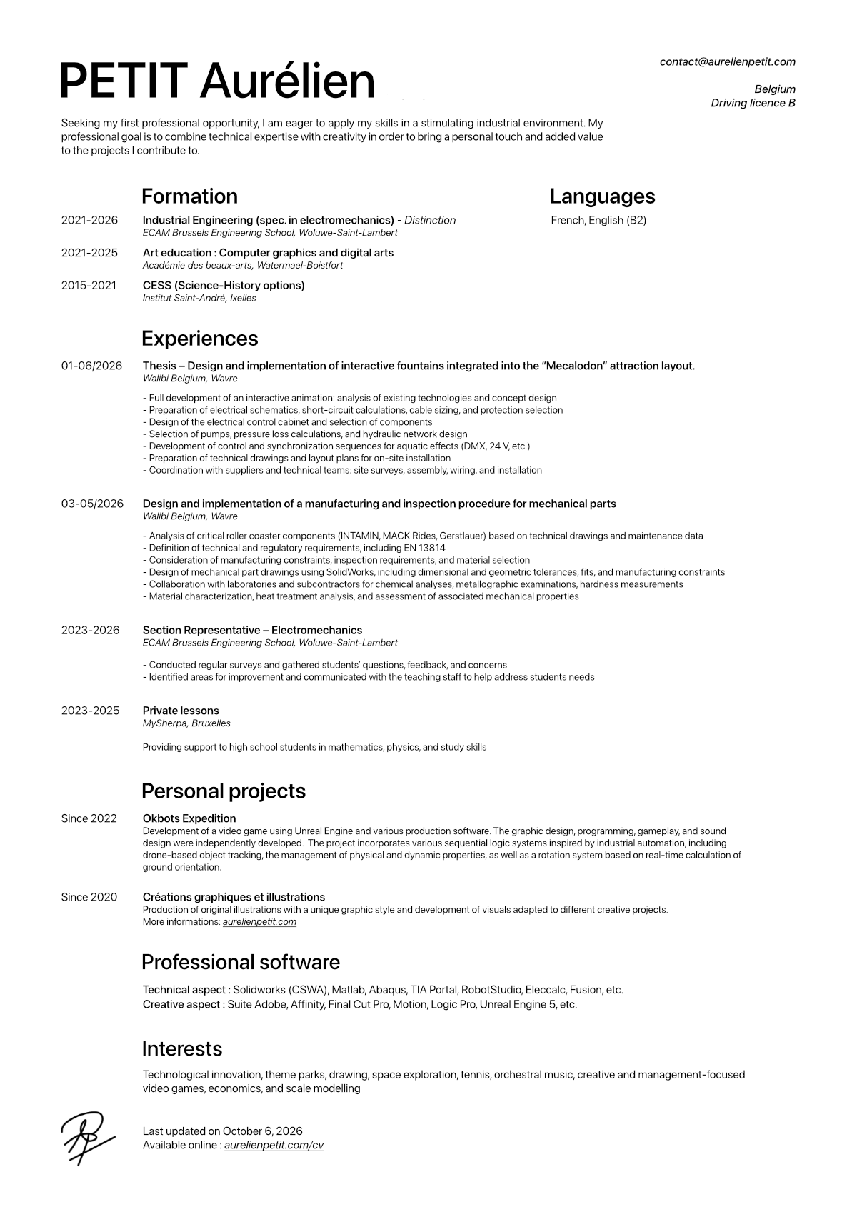 Resume of Aurélien Petit, Master's student in Industrial Electromechanical Engineering at ECAM Brussels, with experiences, personal projects and skills.