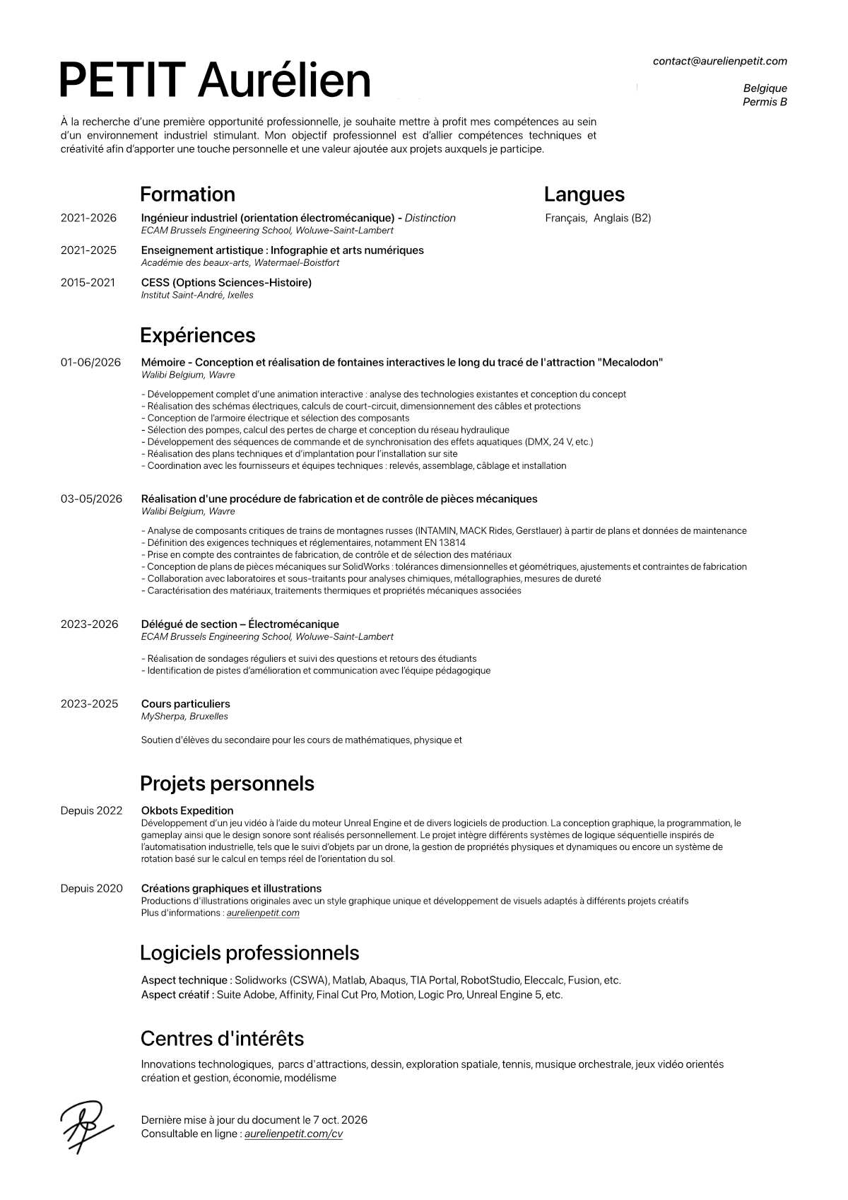 CV Aurélien Petit, étudiant en master ingénieur industriel orientation électromécanique à l'ECAM Bruxelles, avec expériences, projets personnels et compétences.