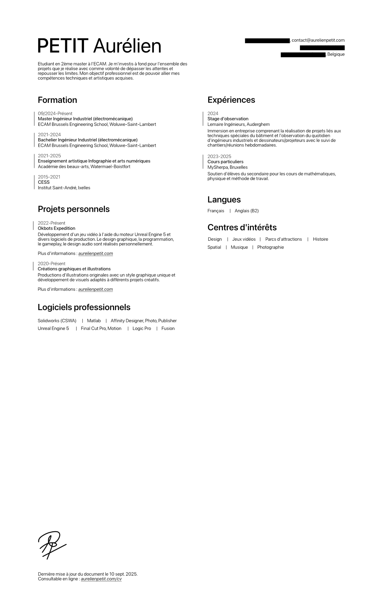 CV Aurélien Petit, étudiant en master ingénieur industriel orientation électromécanique à l'ECAM Bruxelles, avec expériences, projets personnels et compétences.