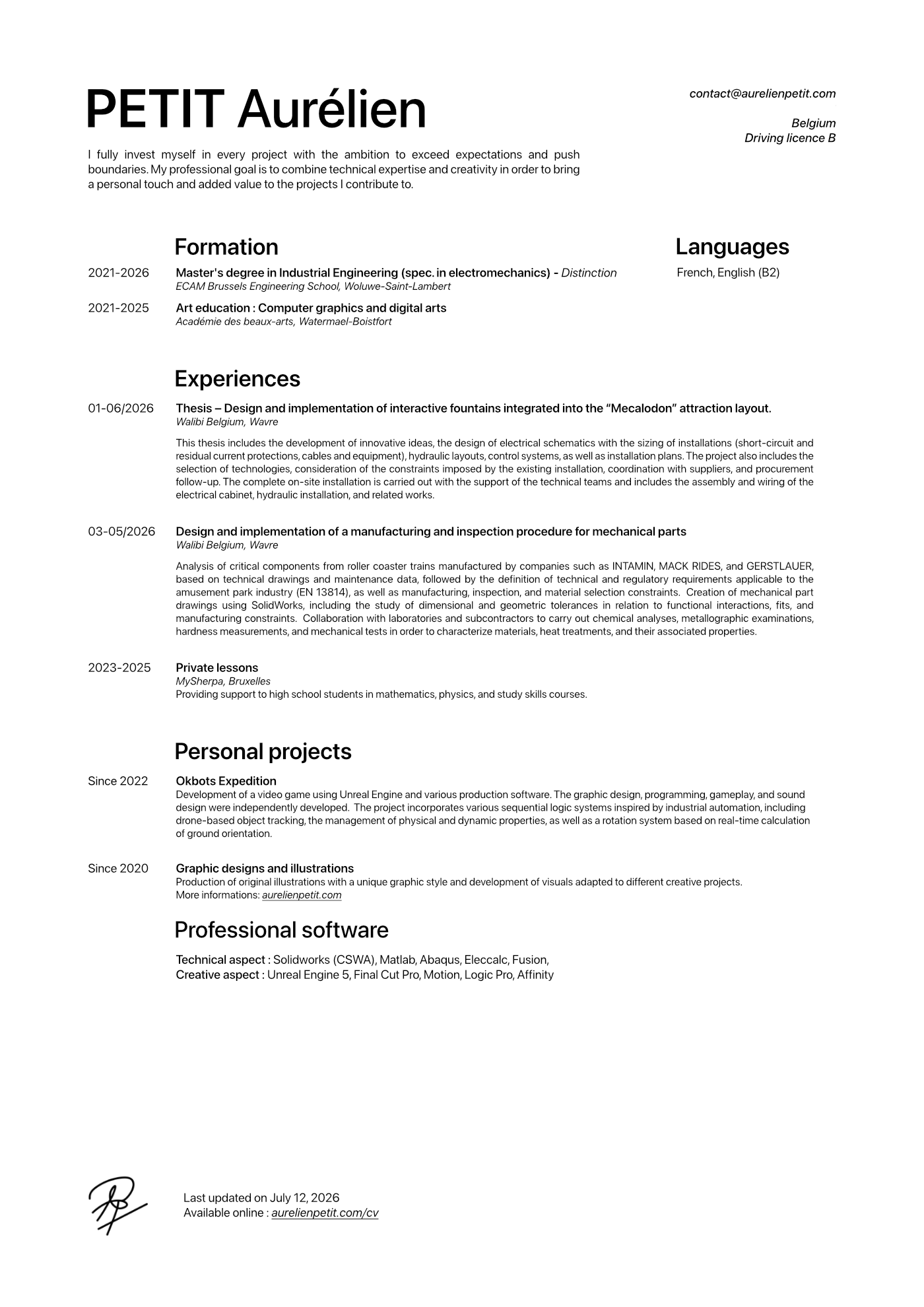 Resume of Aurélien Petit, Master's student in Industrial Electromechanical Engineering at ECAM Brussels, with experiences, personal projects and skills.
