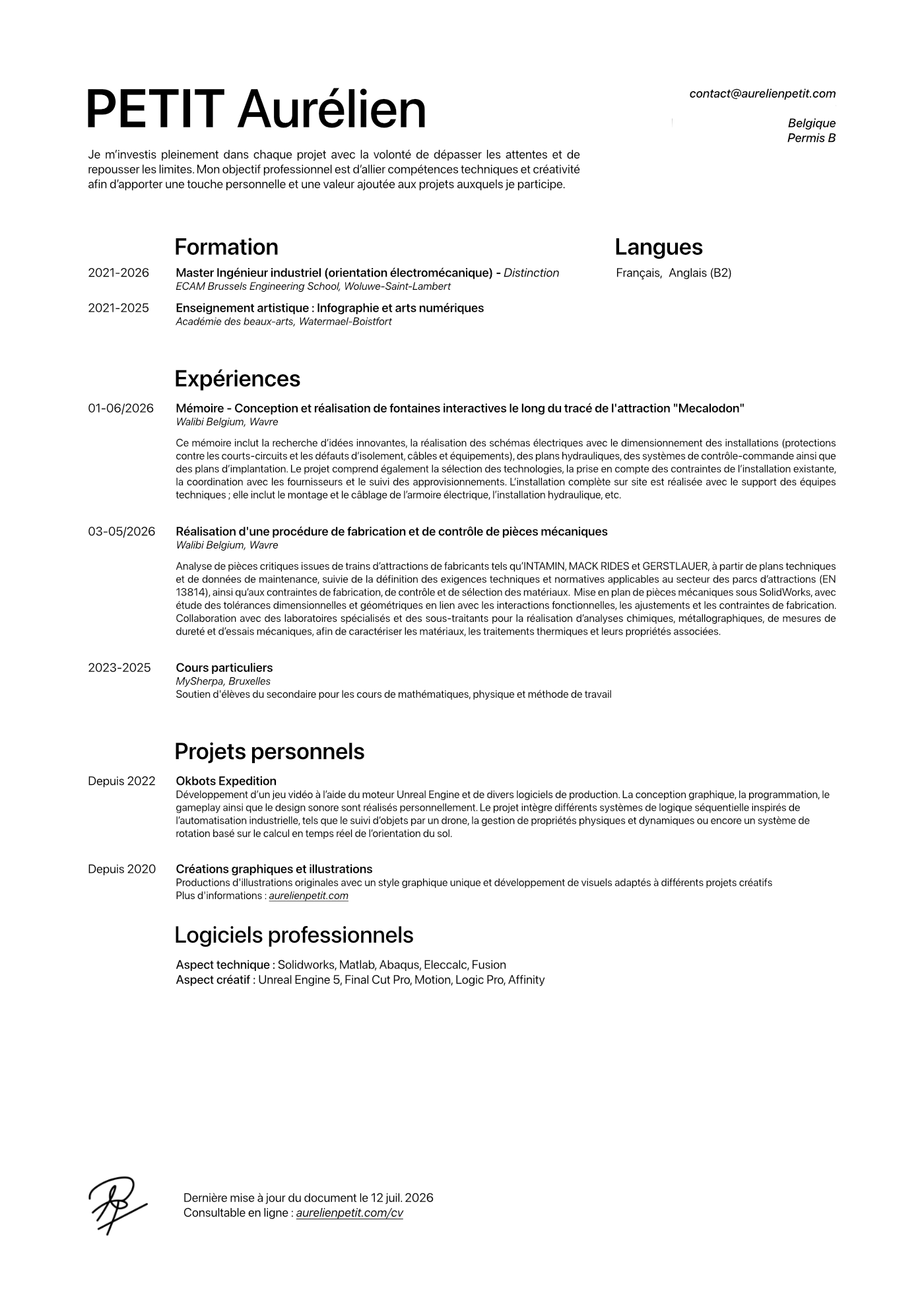 CV Aurélien Petit, étudiant en master ingénieur industriel orientation électromécanique à l'ECAM Bruxelles, avec expériences, projets personnels et compétences.