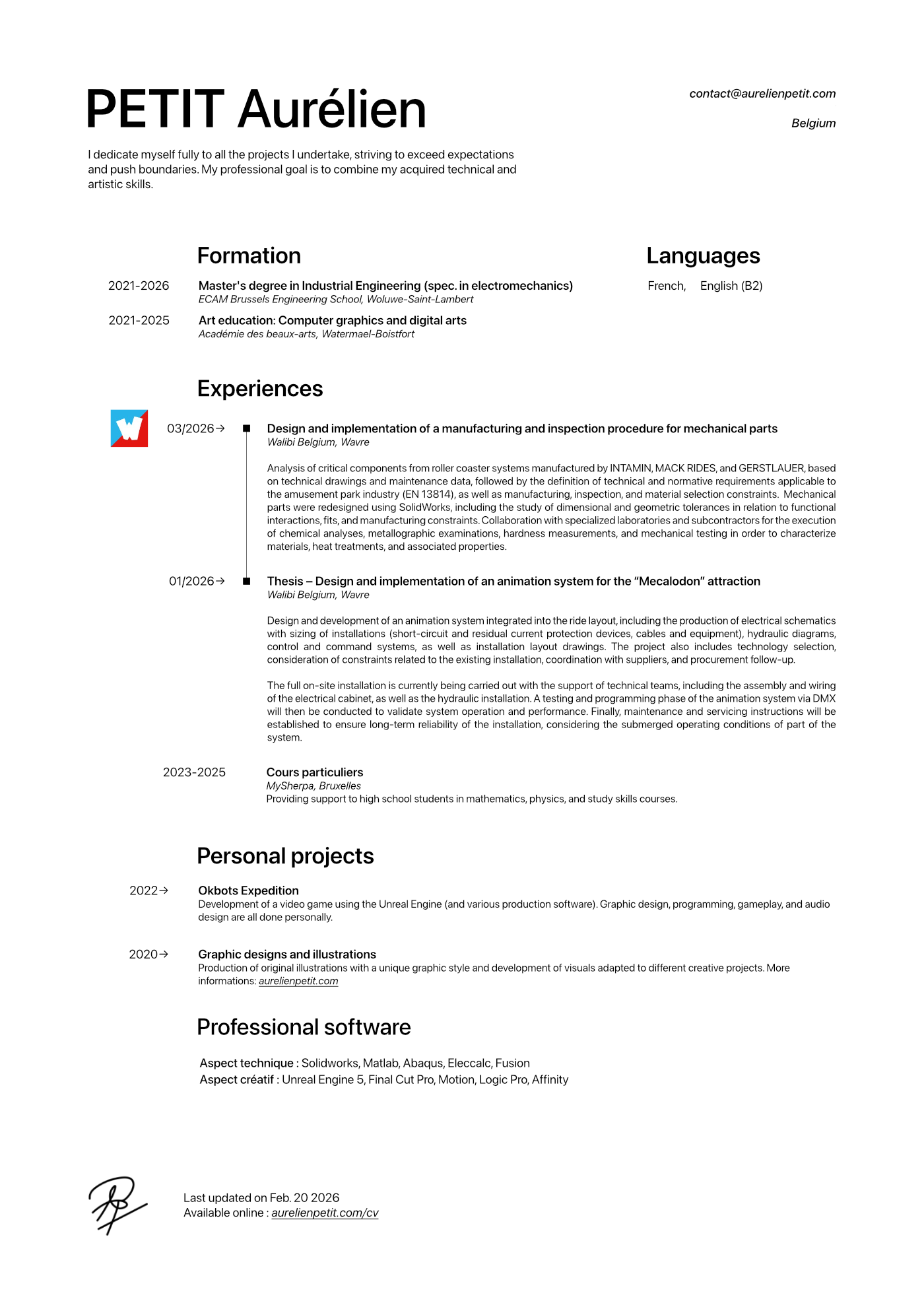 Resume of Aurélien Petit, Master's student in Industrial Electromechanical Engineering at ECAM Brussels, with experiences, personal projects and skills.
