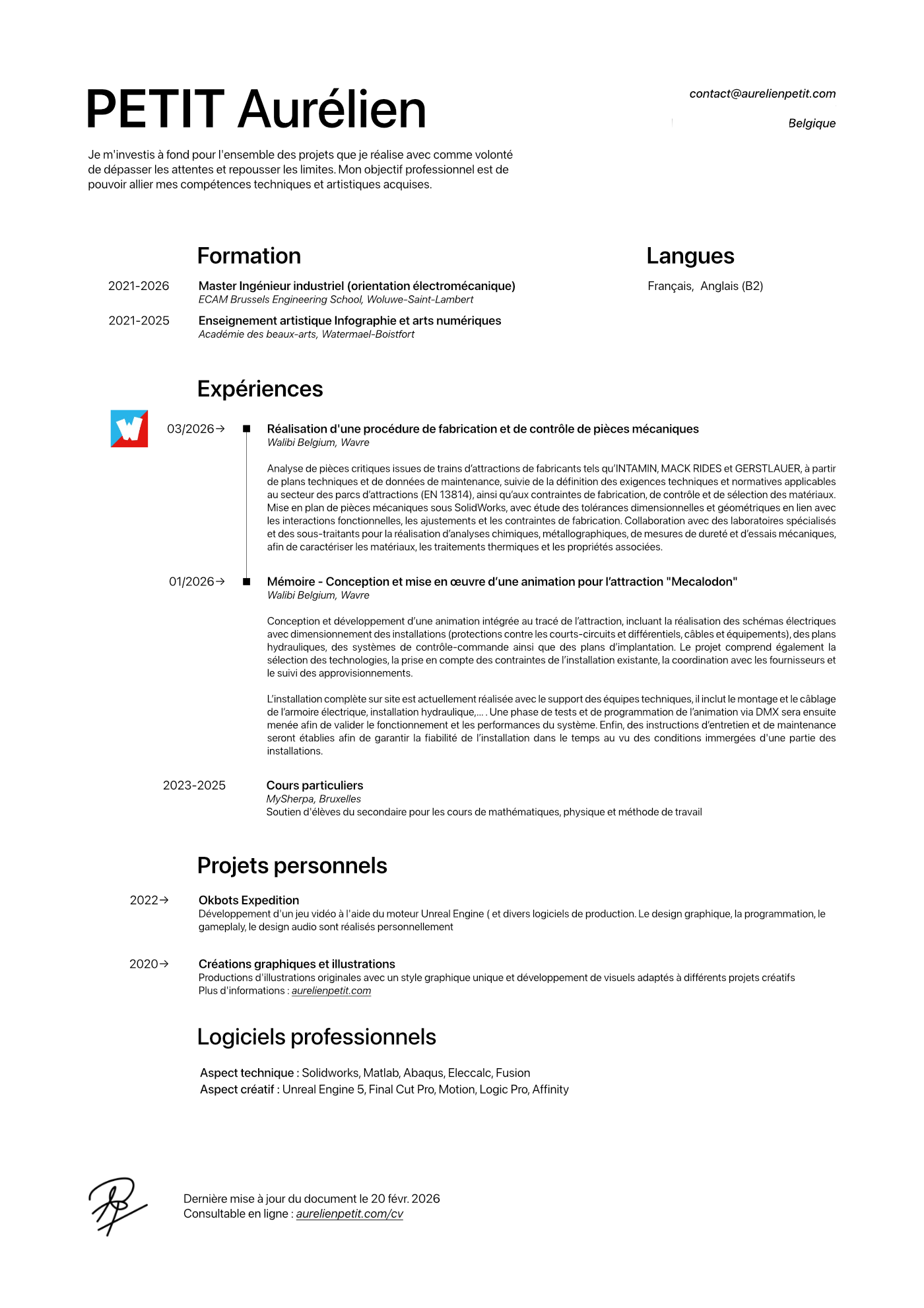 CV Aurélien Petit, étudiant en master ingénieur industriel orientation électromécanique à l'ECAM Bruxelles, avec expériences, projets personnels et compétences.