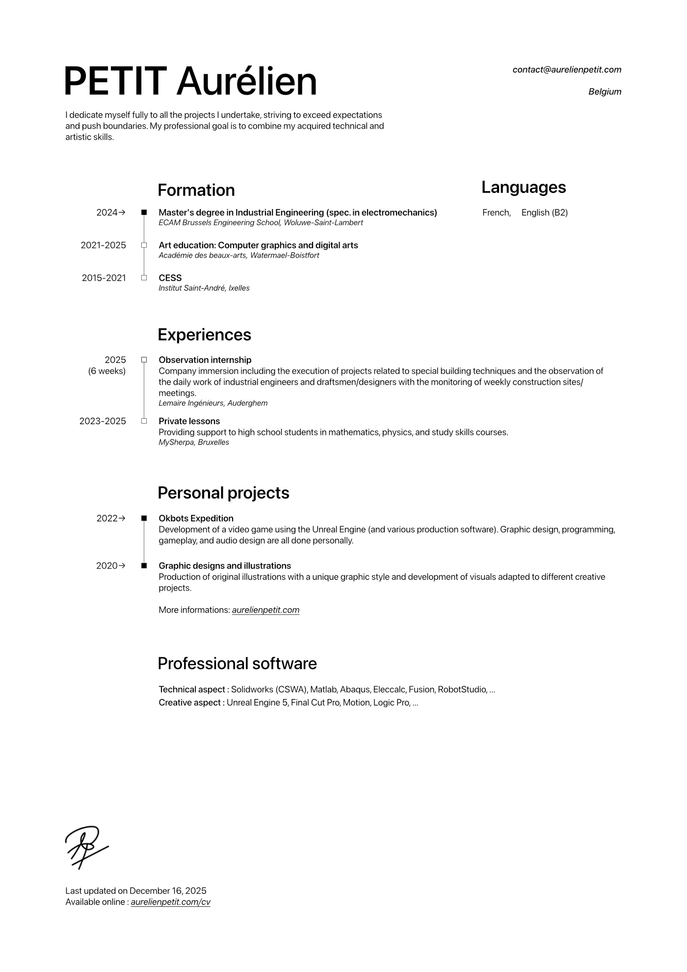 Resume of Aurélien Petit, Master's student in Industrial Electromechanical Engineering at ECAM Brussels, with experiences, personal projects and skills.