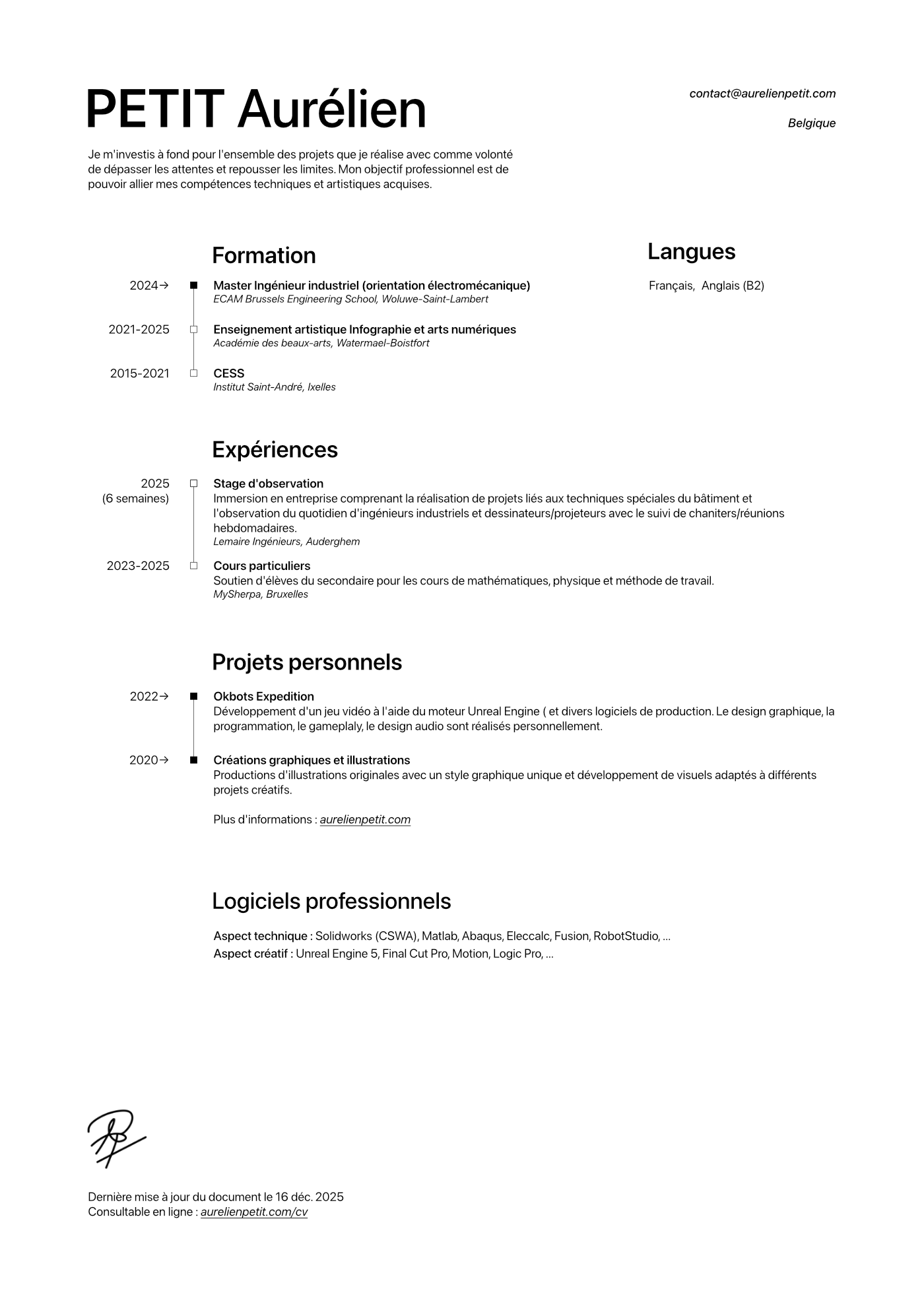 CV Aurélien Petit, étudiant en master ingénieur industriel orientation électromécanique à l'ECAM Bruxelles, avec expériences, projets personnels et compétences.