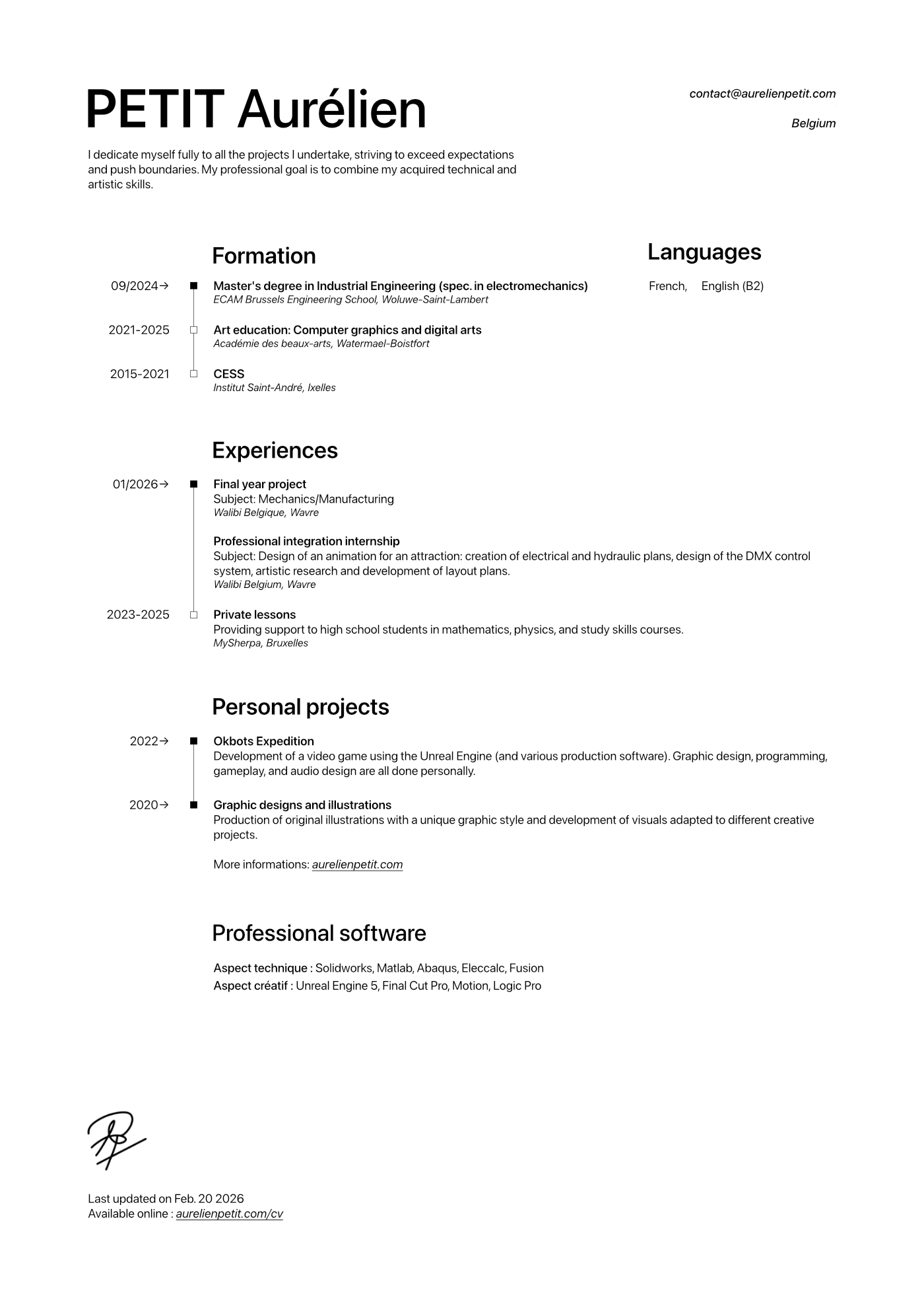 Resume of Aurélien Petit, Master's student in Industrial Electromechanical Engineering at ECAM Brussels, with experiences, personal projects and skills.