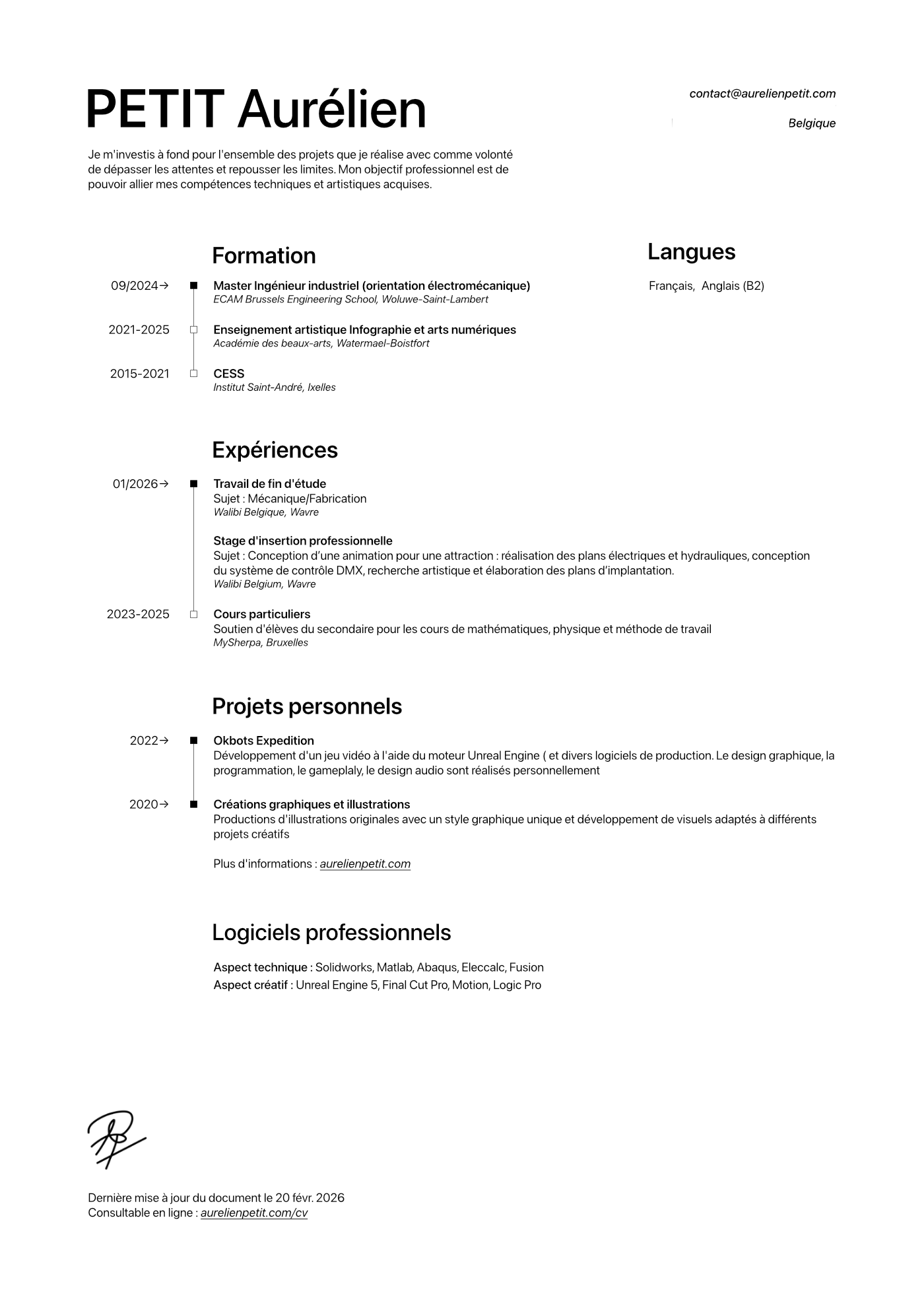 CV Aurélien Petit, étudiant en master ingénieur industriel orientation électromécanique à l'ECAM Bruxelles, avec expériences, projets personnels et compétences.